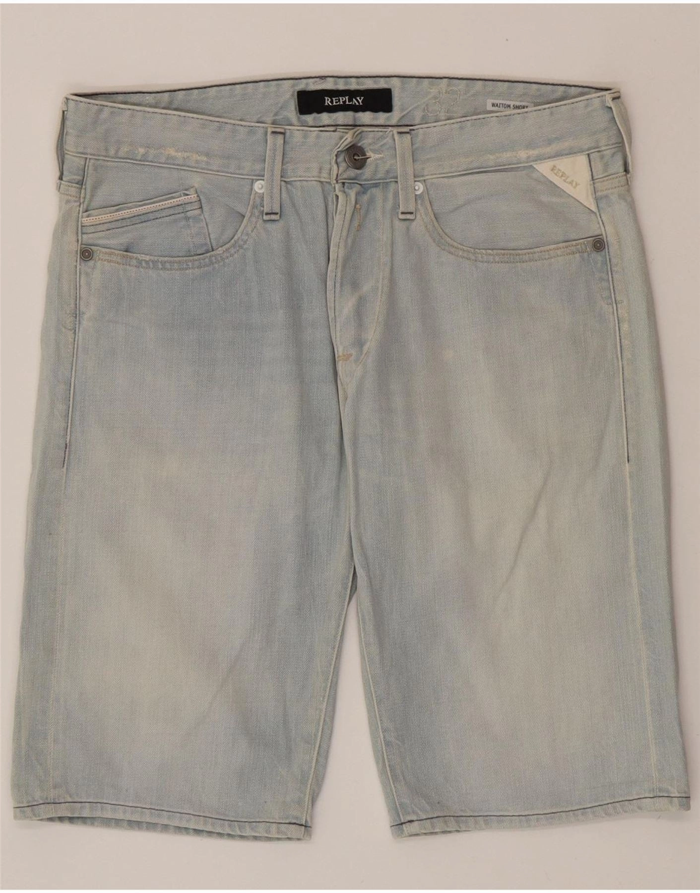 REPLAY Mens Waitom Denim Shorts W32 Medium  Blue Cotton Metallic accents Streetwear