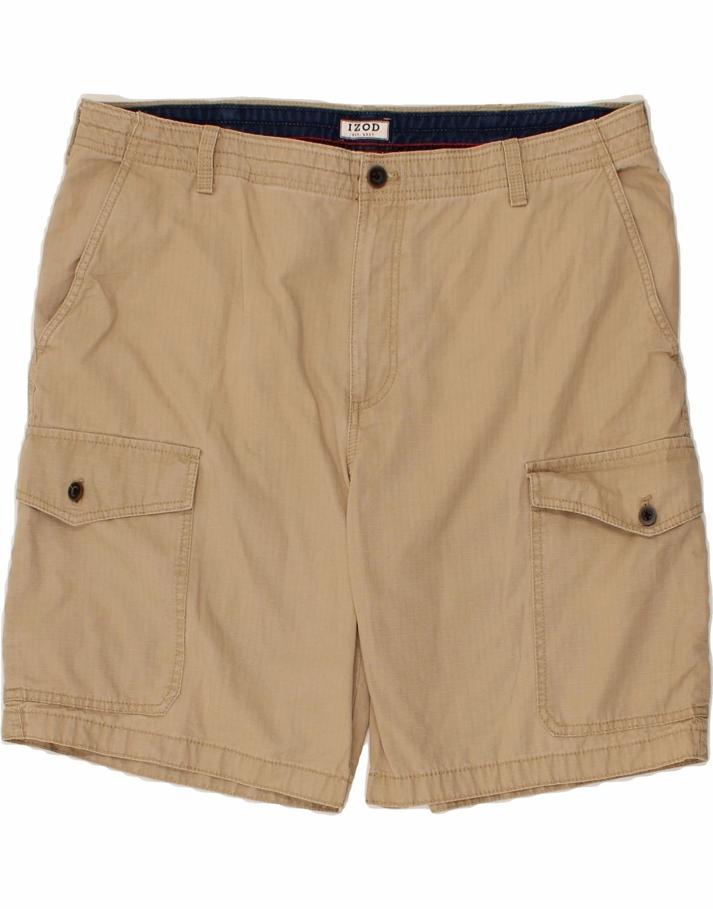 IZOD Mens Cargo Shorts W38 XL Beige Check Cotton Easy Layer Easy Fit