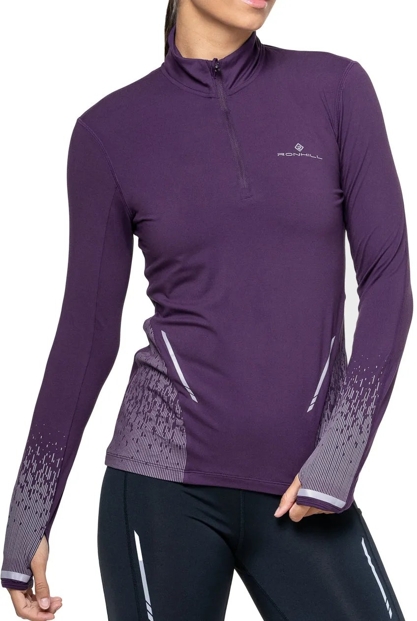 Ronhill Tech Reflect Half Zip Long Sleeve Womens Running Top - Purple Moisture Management Fabric Laser Cut Edges