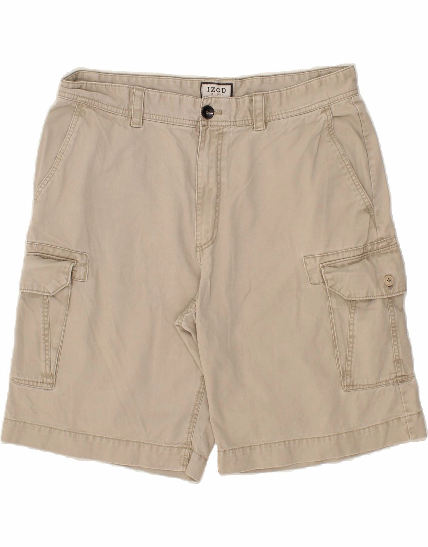 IZOD Mens Cargo Shorts W38 XL Beige Cotton Flexible Pocket Placement Quick Action Fit