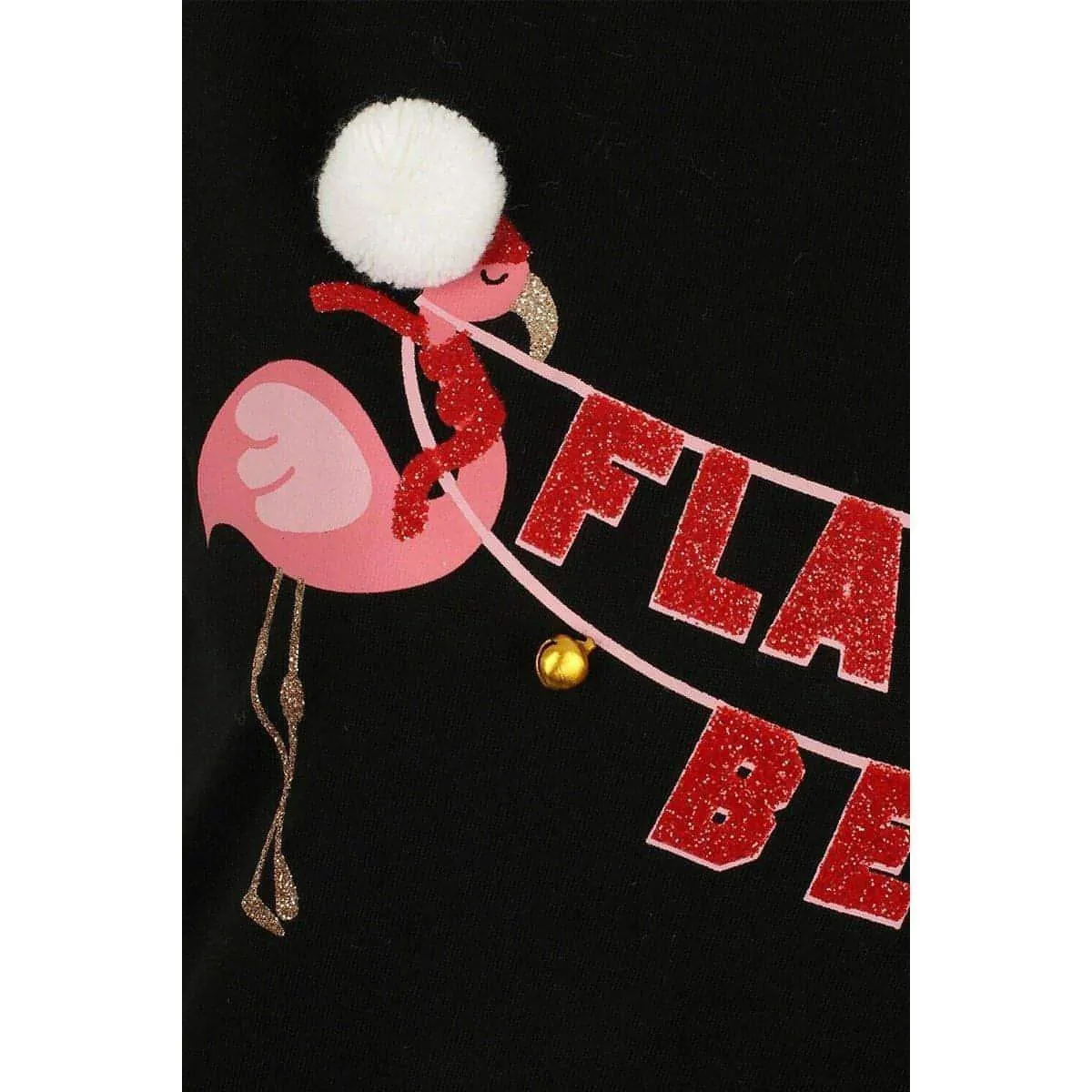 Season's Greetings Flamingo Bells Womens Christmas Short Sleeve Top - Black UV Protection