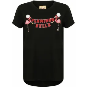 easygoing look Urban Fashion Season's Greetings Flamingo Bells Womens Christmas Short Sleeve Top - Black