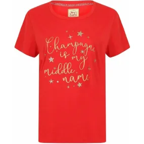 Season's Greetings Xmas Bubbly Womens Christmas Short Sleeve Top - Red Perfect Layer Wear Daily Favorite
