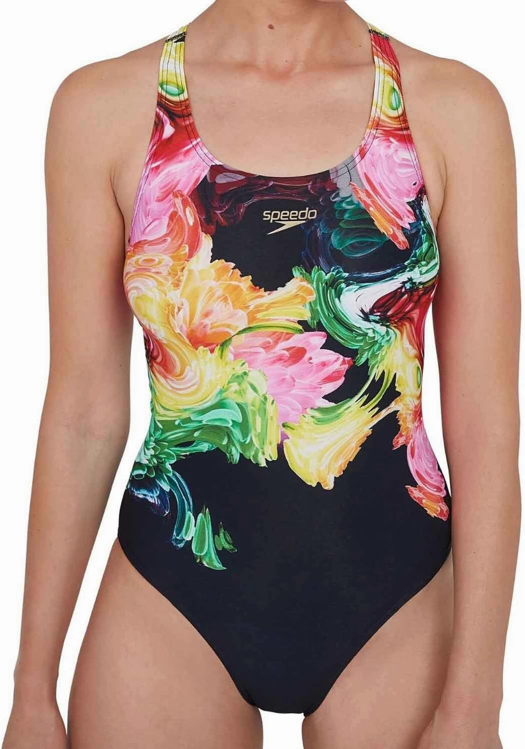 Speedo ColourBlend Placement Digital Powerback Womens Swimsuit - Black Sunny Vacation Snag Resistant Fabric
