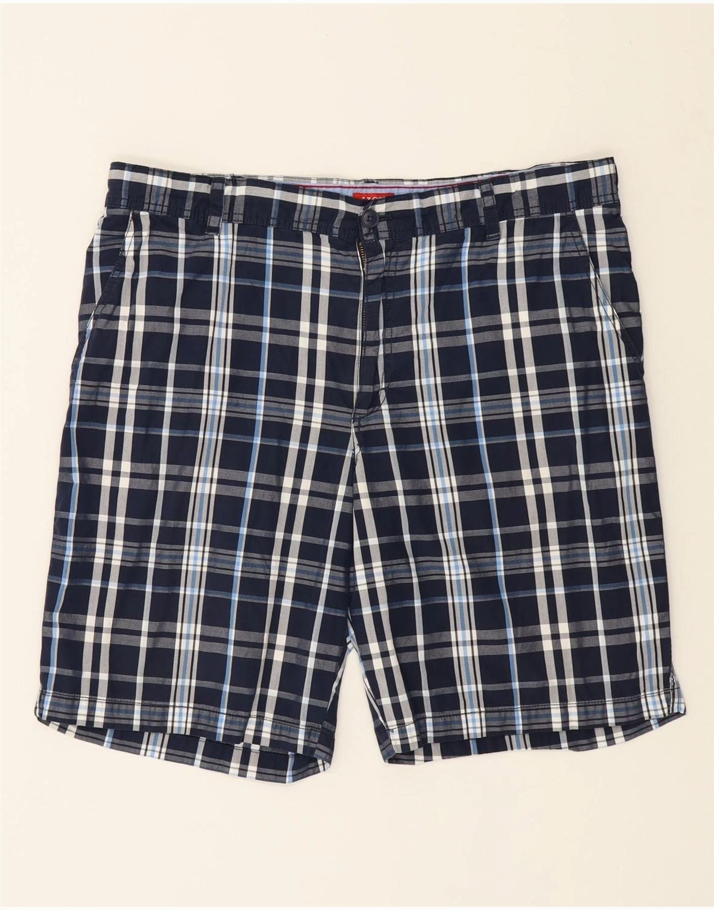 High-End Quality Preppy Style IZOD Mens Chino Shorts W38 XL Navy Blue Check Cotton