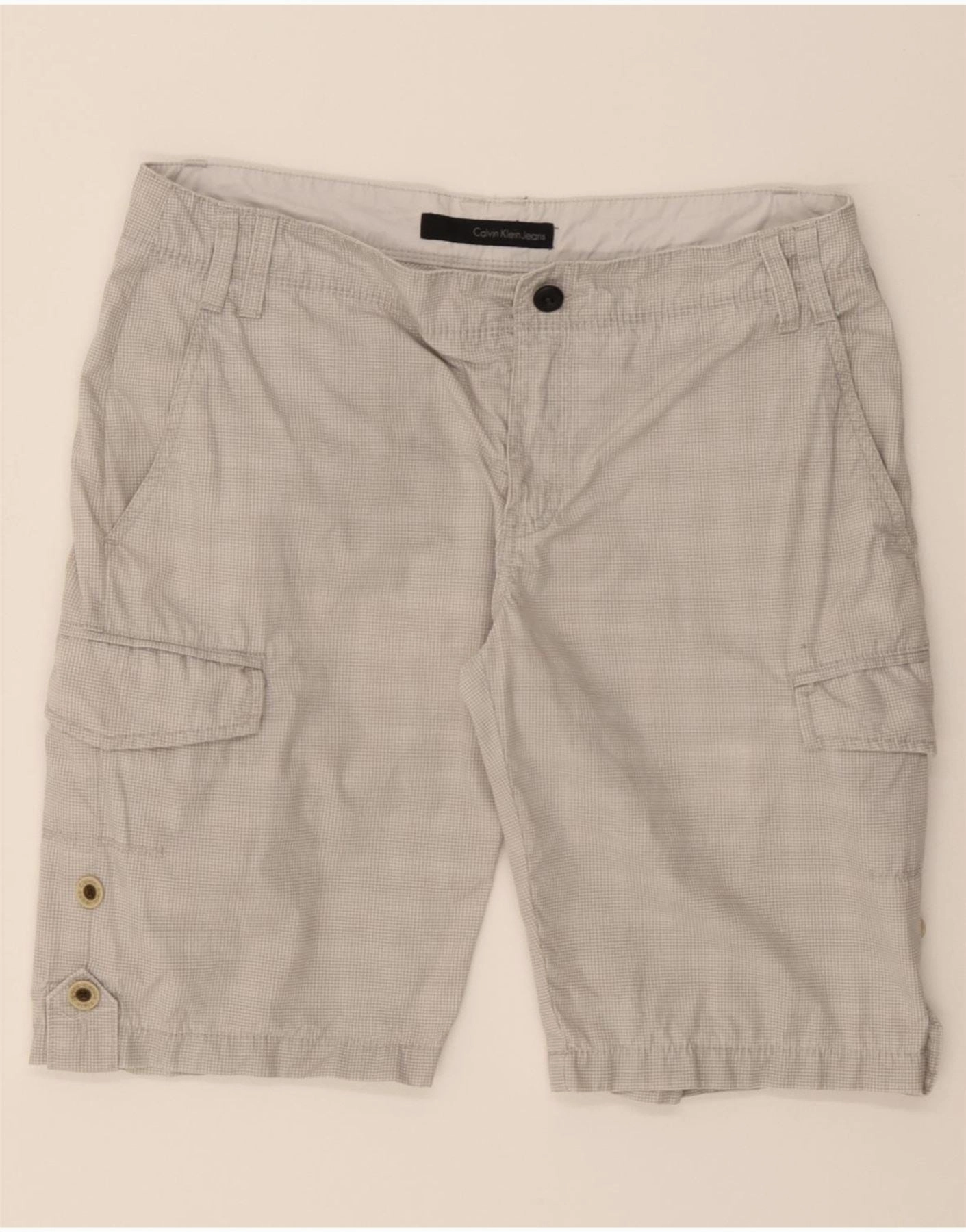 CALVIN KLEIN Mens Cargo Shorts W32 Medium Grey Check Cotton Faux Leather