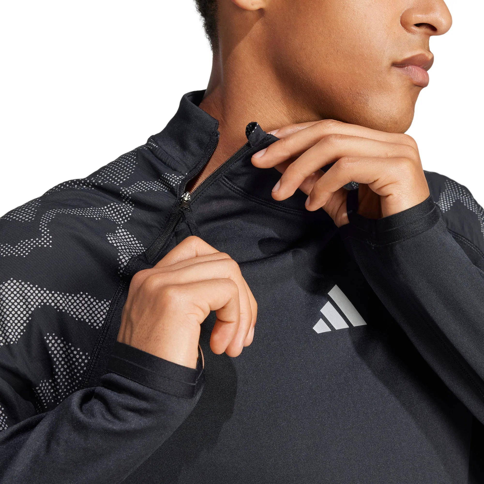 adidas Ultimate Hi Vis Reflective Half Zip Long Sleeve Mens Running Top - Black Light and Cozy Flexible Collar