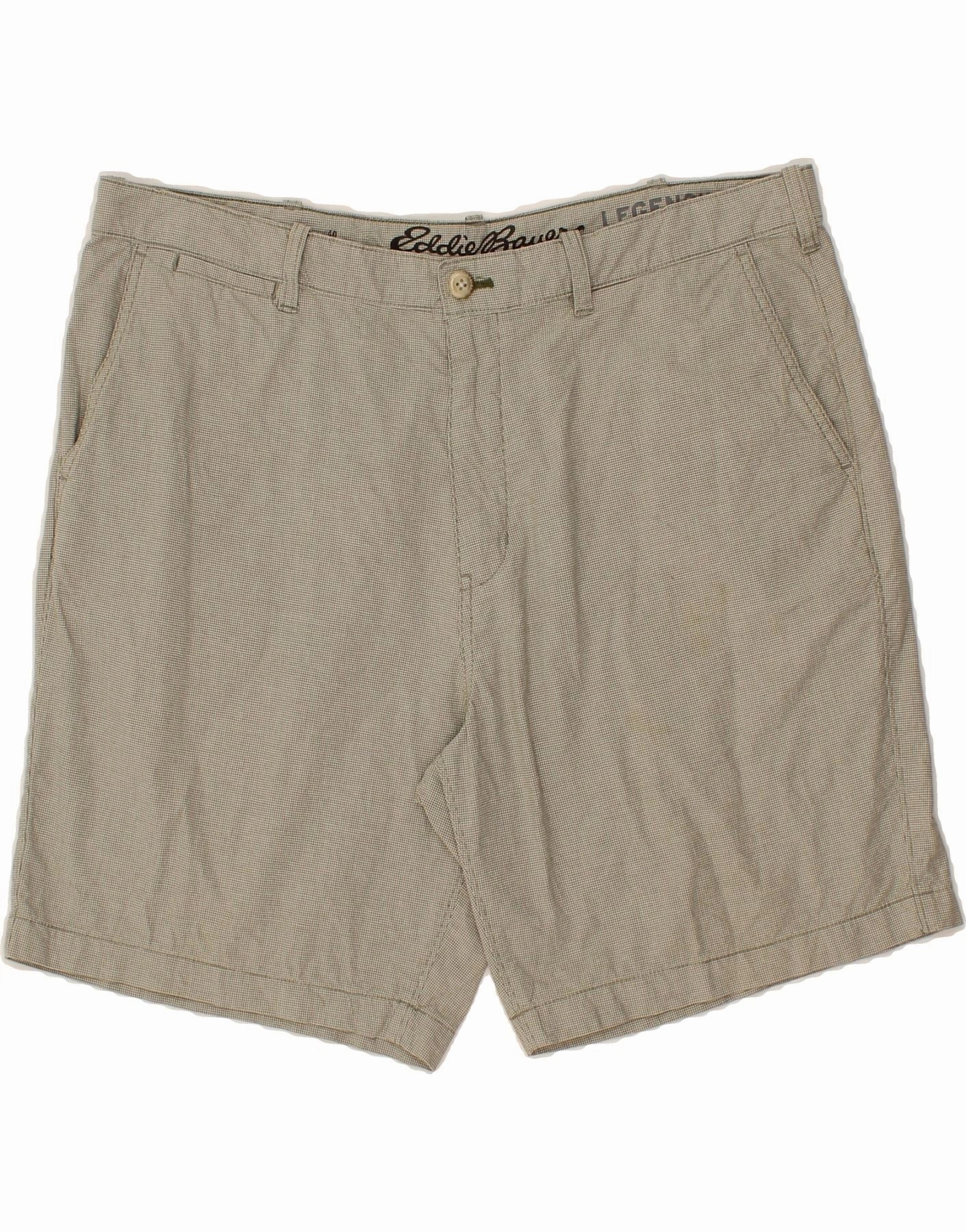 EDDIE BAUER Mens Chino Shorts W40 XL Beige Check Cotton Wind Resistant Material Designer Style