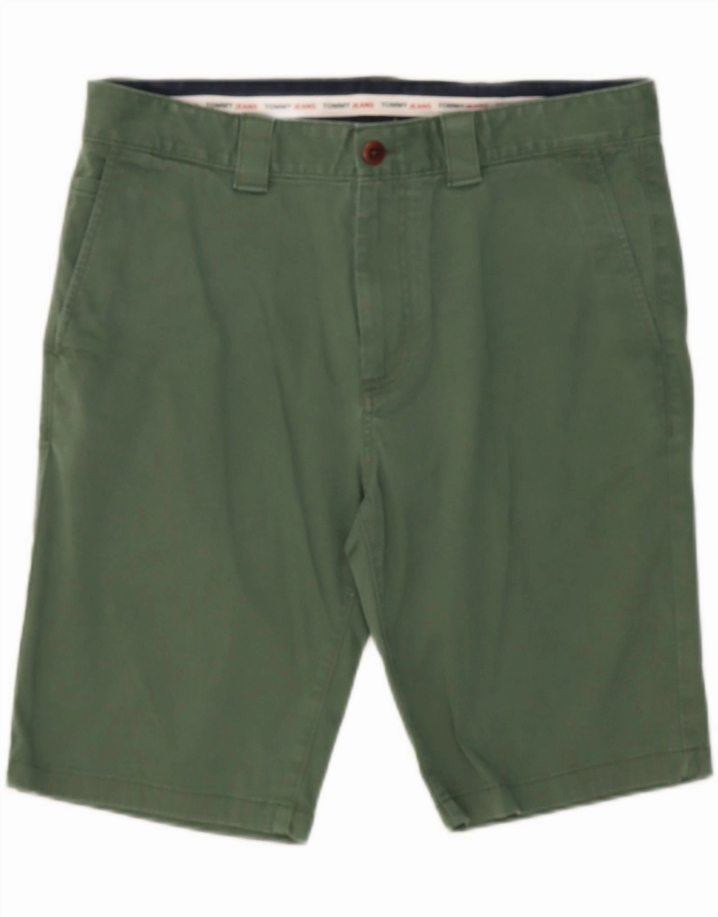 TOMMY HILFIGER Mens Chino Shorts W34 Large Green Cotton Recycled Polyester Wide Leg Silhouette