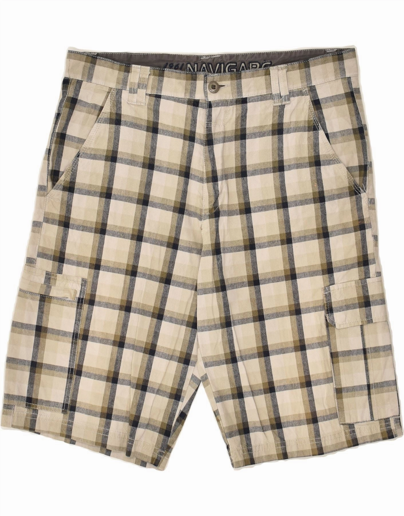 NAVIGARE Mens Cargo Shorts IT 52 XL W36  Beige Check Cotton Extended Inseam Options Wear Resistant Fabric
