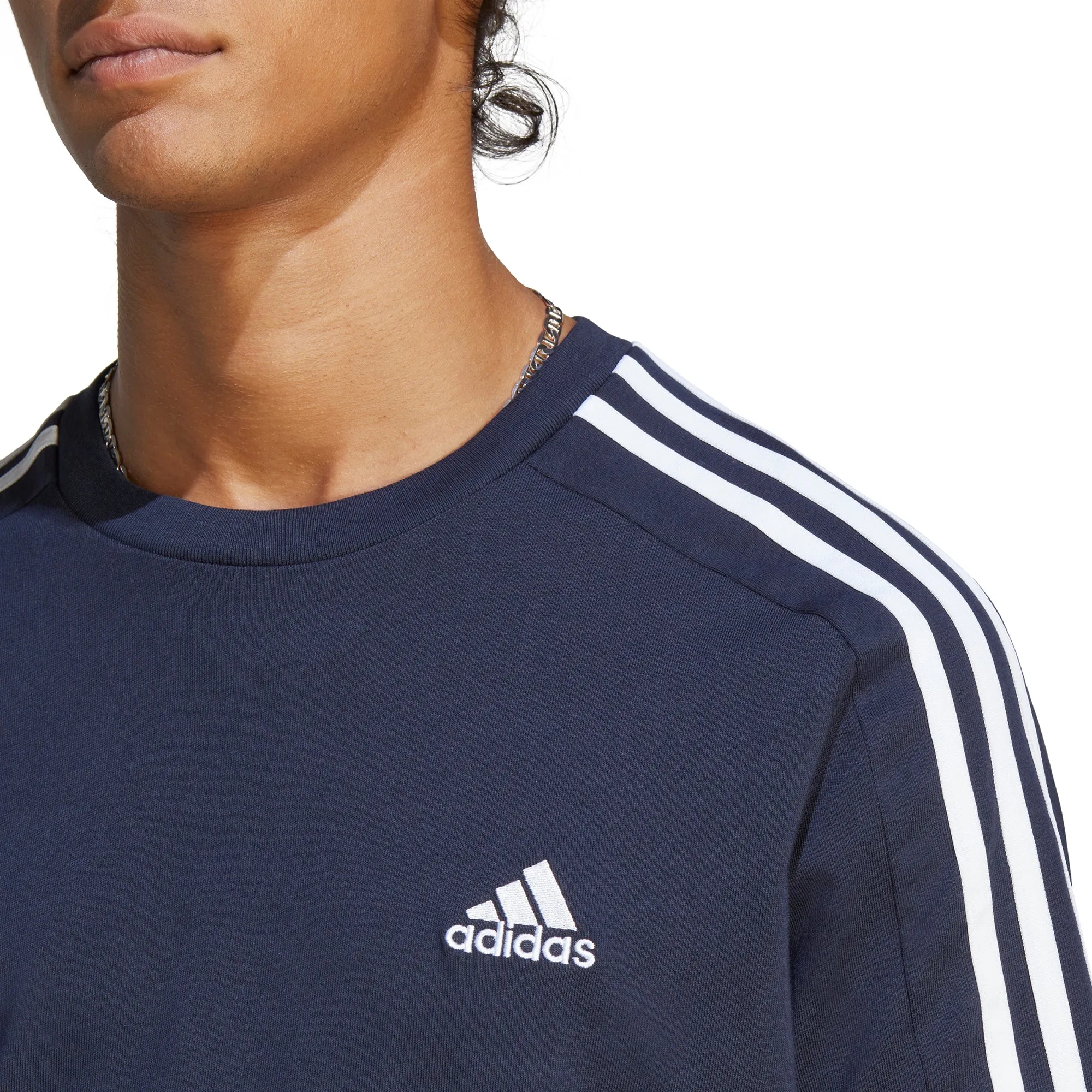 adidas Essentials 3 Stripes Short Sleeve Mens Top - Blue Active Outfit LowImpact Manufacturing