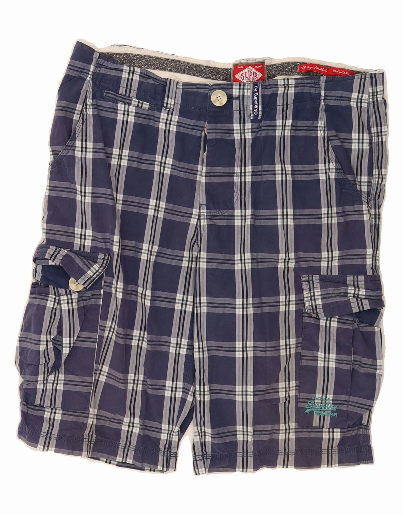 Crisp Texture SUPERDRY Mens Cargo Shorts W38 Medium  Navy Blue Check Cotton