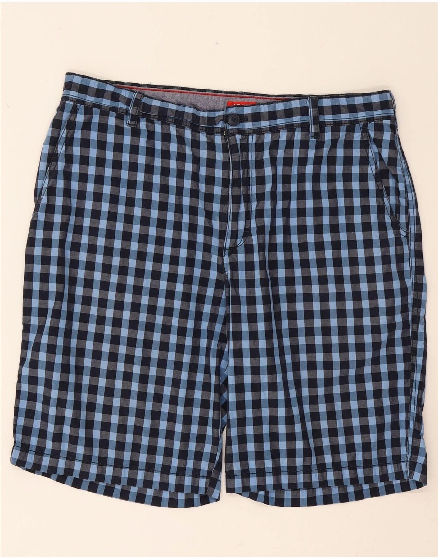 IZOD Mens Chino Shorts W36 Large  Blue Gingham Cotton QuickAdjustStraps