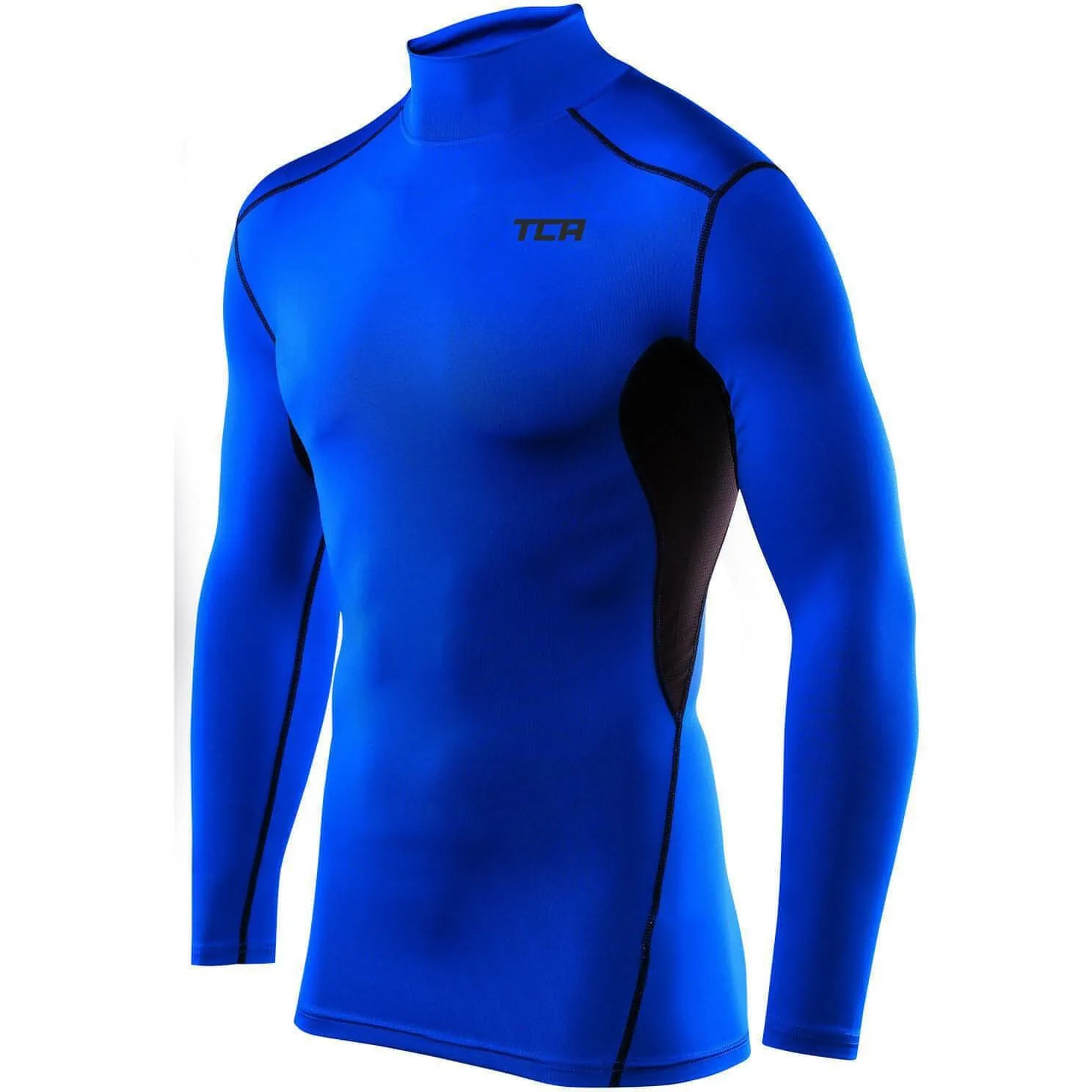TCA HyperFusion Mock Neck Long Sleeve Mens Compression Top - Blue NonIrritating Fabric