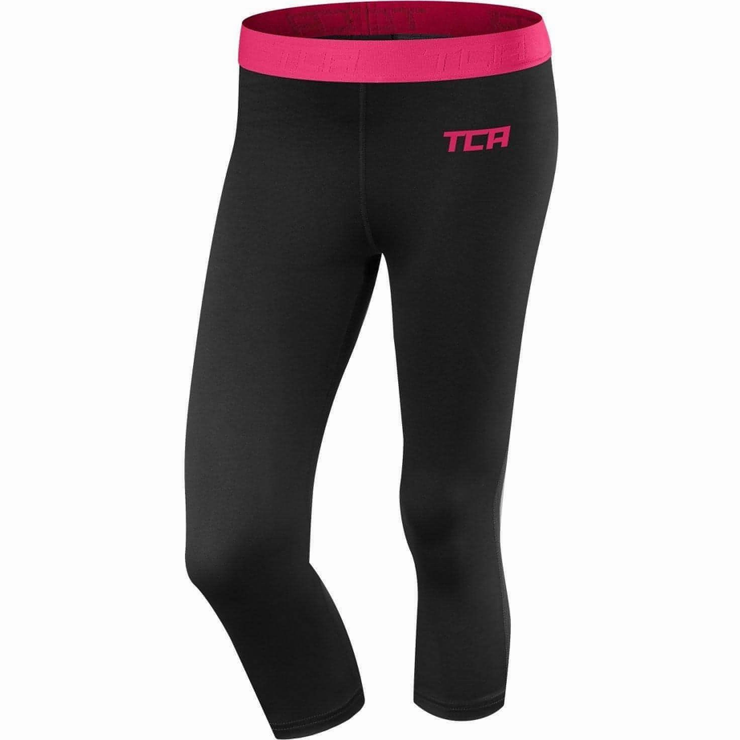TCA Pro Performance Endurance Womens 3/4 Capri Running Tights - Black Cross Waist Design Lightweight Design