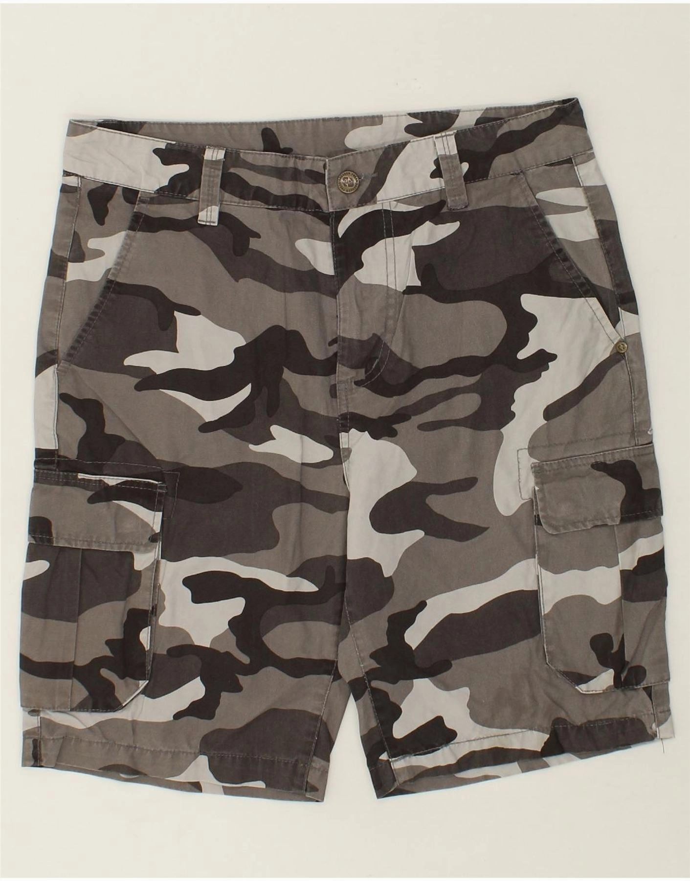 hiking apparel jumpsuit VINTAGE Mens Chino Shorts Medium W30 Grey Camouflage Cotton