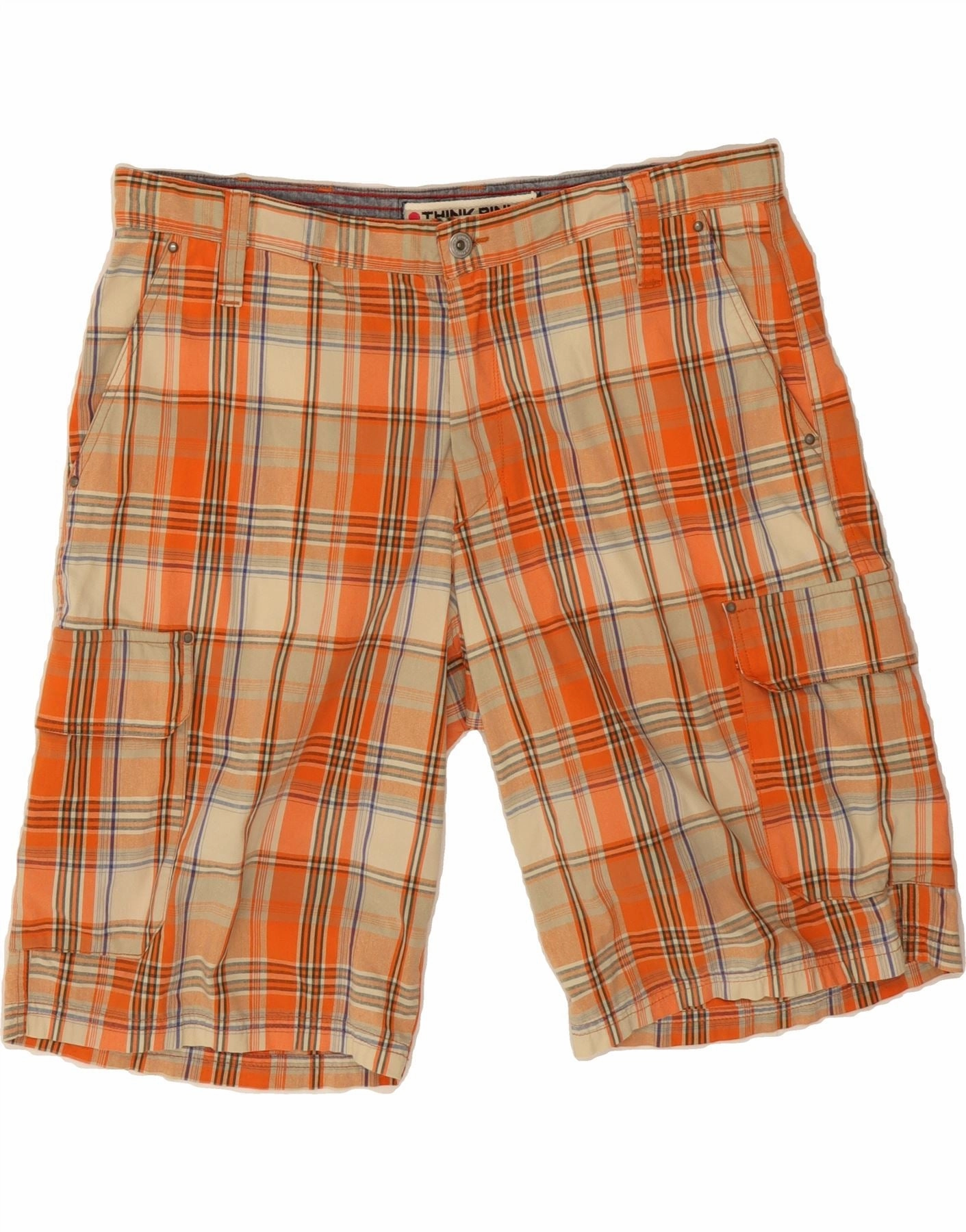 THINK PINK Mens Cargo Shorts IT 52 XL W36  Orange Check Cotton beach goers