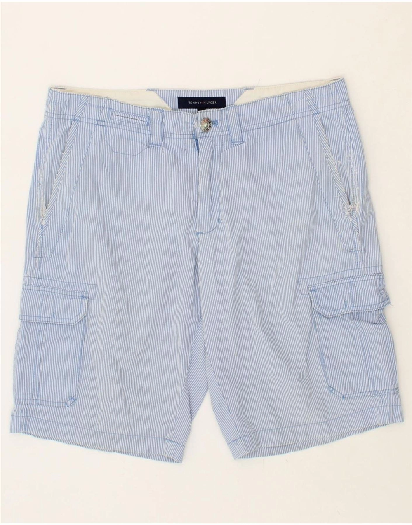 Stretch Fit Flexible Mobility TOMMY HILFIGER Mens Cargo Shorts W30 Medium Blue Pinstripe Cotton