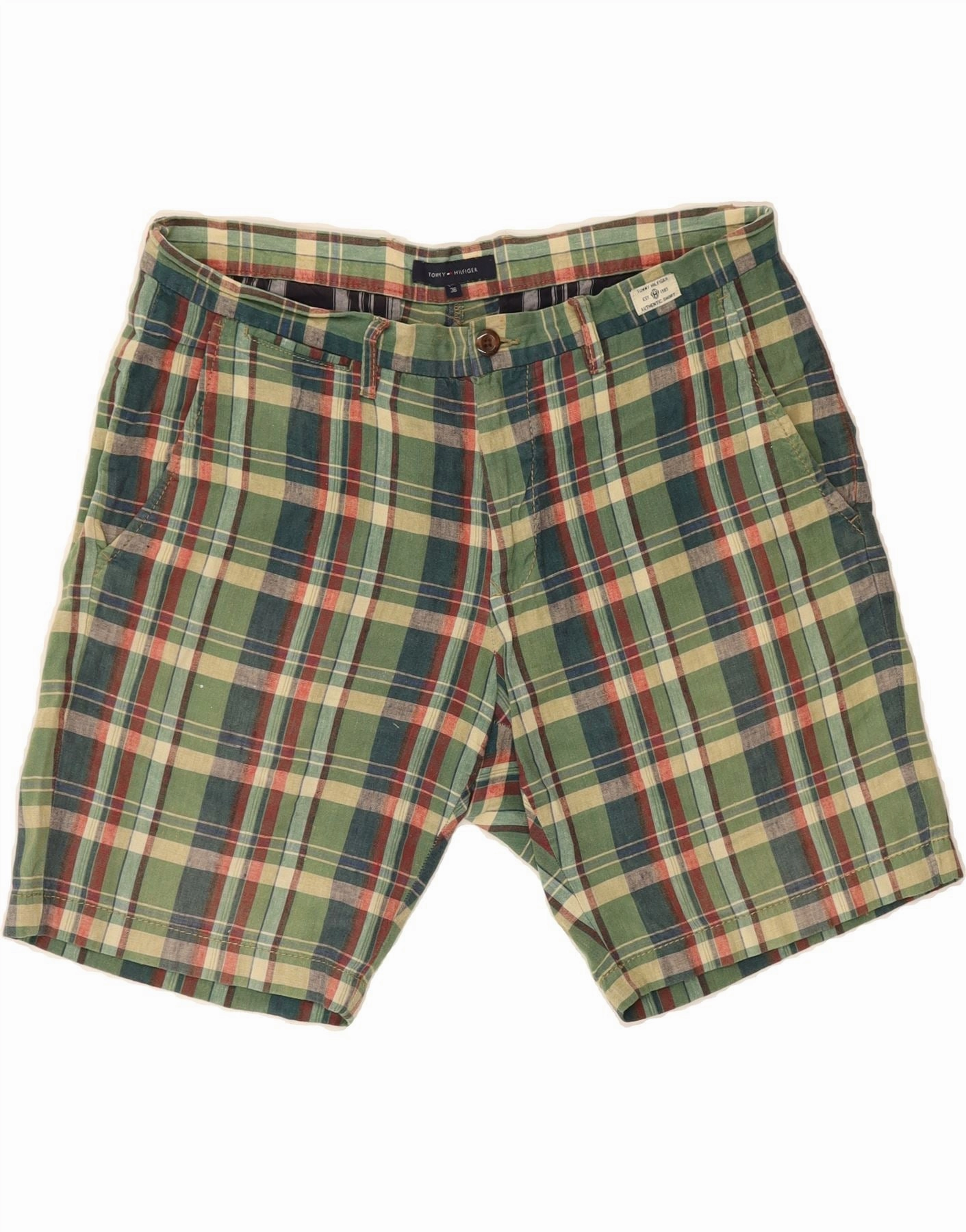 TOMMY HILFIGER Mens Chino Shorts W36 Large Green Check Linen volleyball outfit Functional Fit