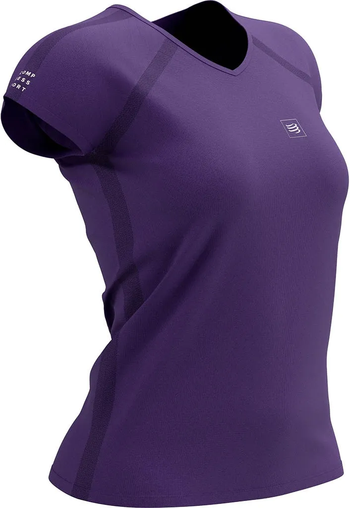 Compressport Training Short Sleeve Womens Running Top - Purple Bold Look Ribbed Collar Design