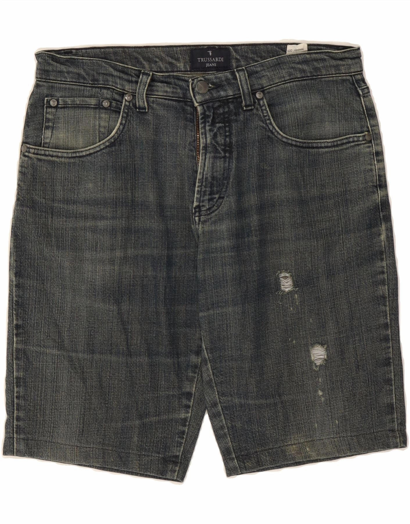 TRUSSARDI Mens Distressed Denim Shorts W33 Medium Blue Cotton Compression Fit