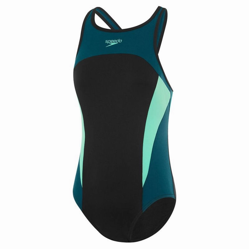 Speedo Womens High Neck Splice Crossback One Piece Ocean-Inspired