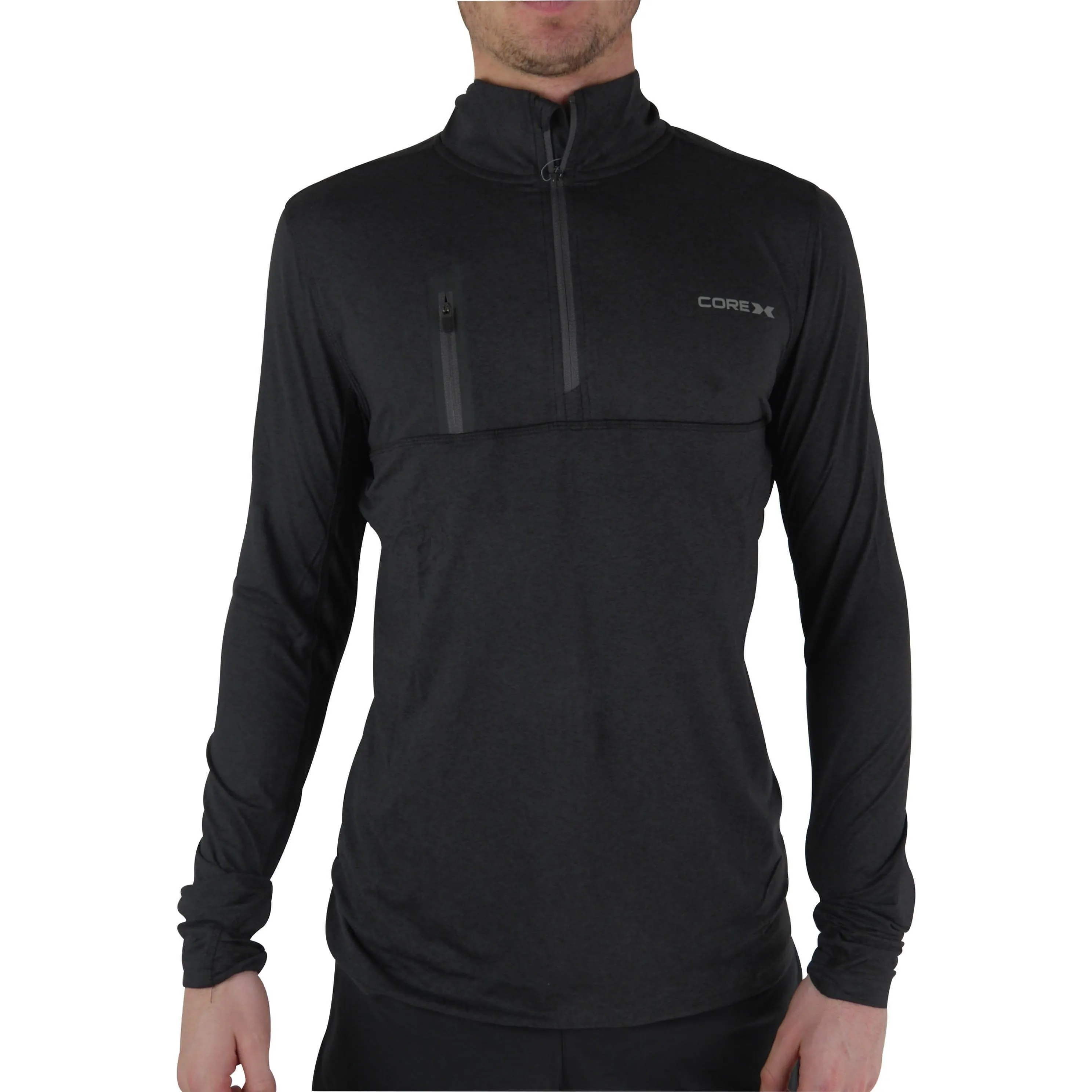 CoreX Fitness Half Zip Long Sleeve Mens Running top - Black V neck style Ribbed Neckline