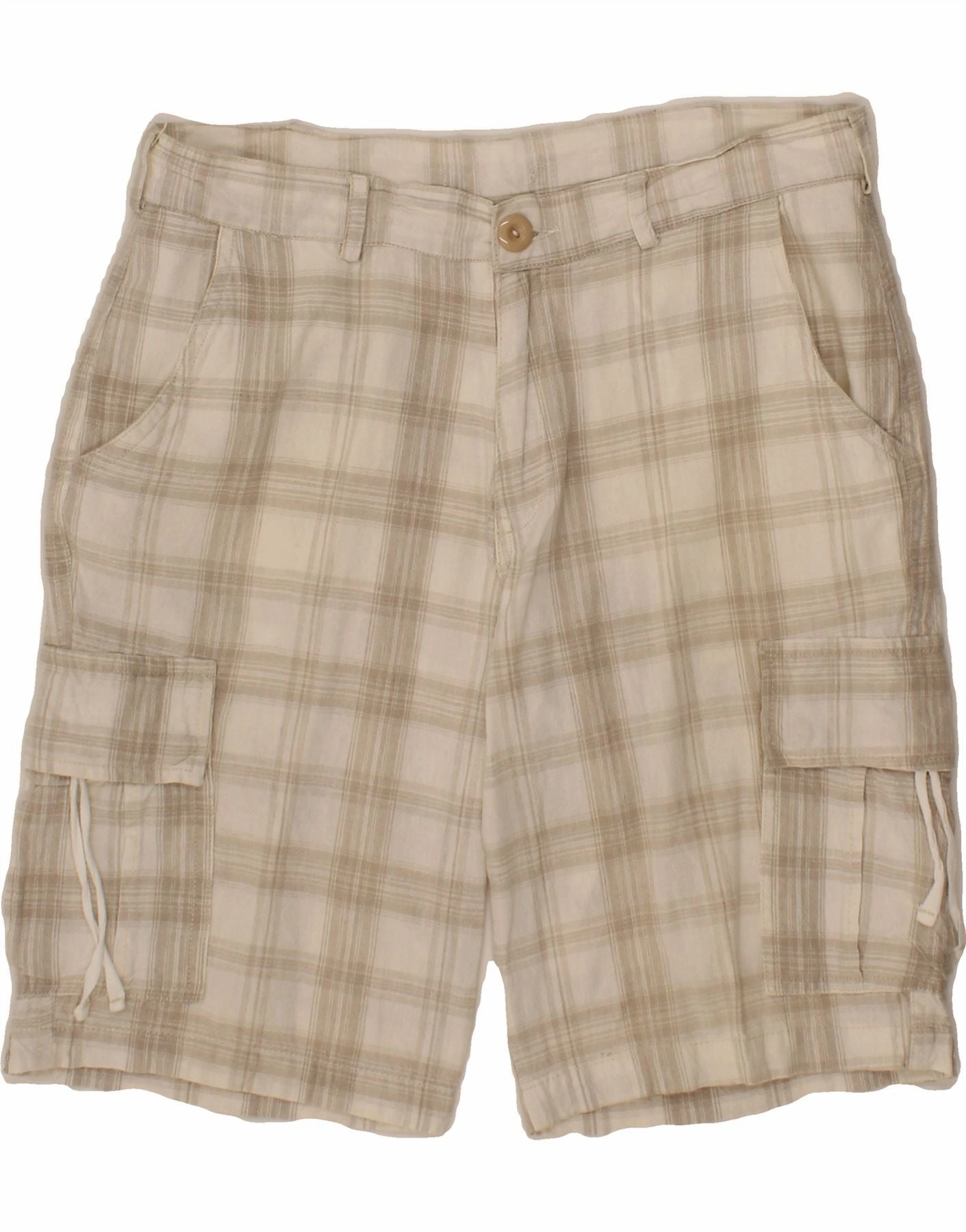 All Day Comfort VINTAGE Mens Cargo Shorts W32 Medium Grey Check Linen