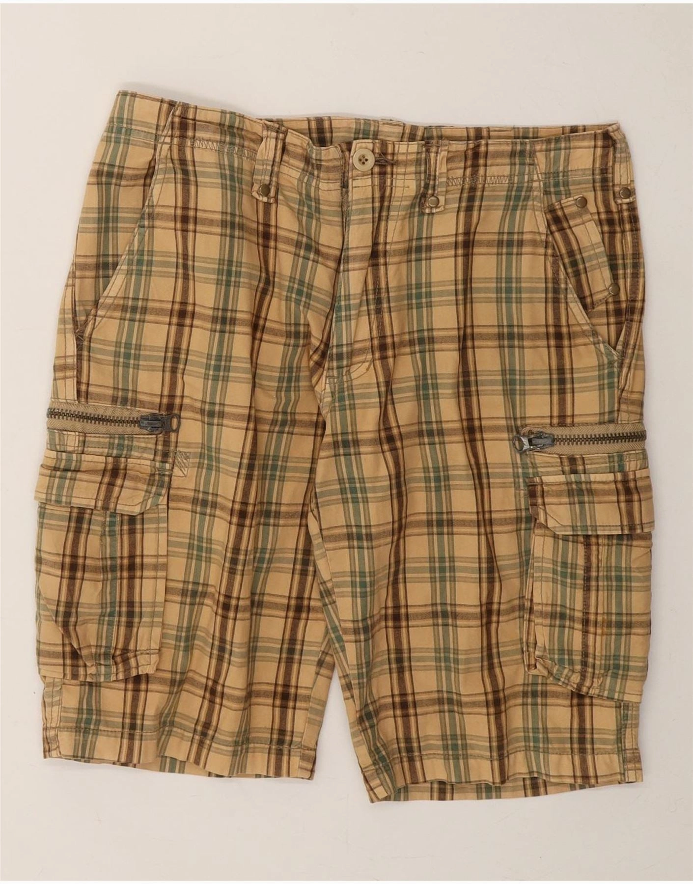 VINTAGE Mens Cargo Shorts W32 Medium Brown Check Cotton Moisture Wicking Technology graduation season
