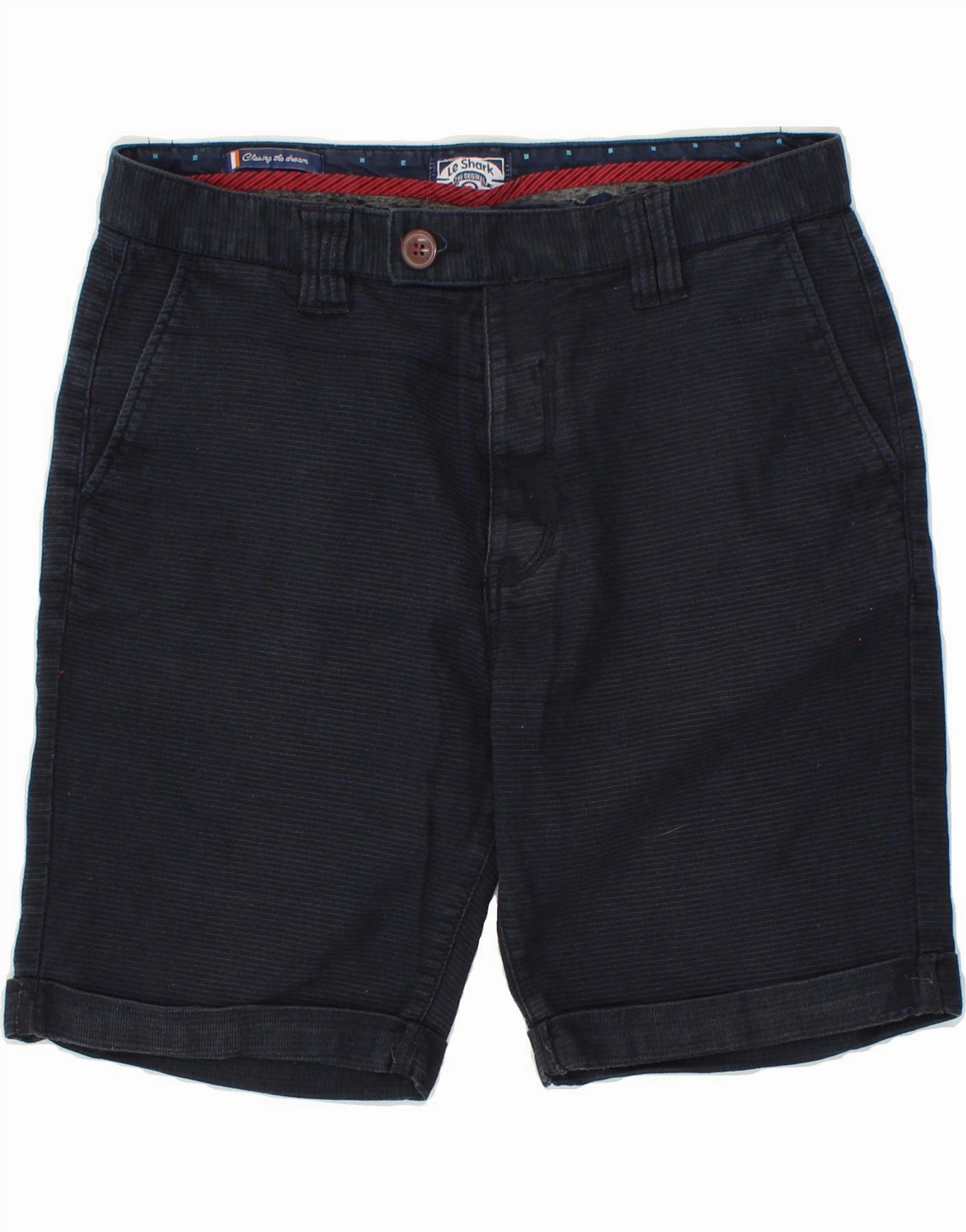 VINTAGE Mens Chino Shorts Medium W32 Navy Blue Pinstripe Cotton Quick Access Pockets