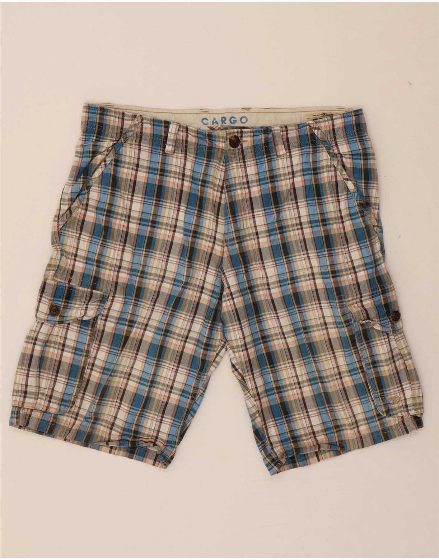 VINTAGE Mens Cargo Shorts W34 Large  Blue Check Cotton Active Look Free Size Adjuster