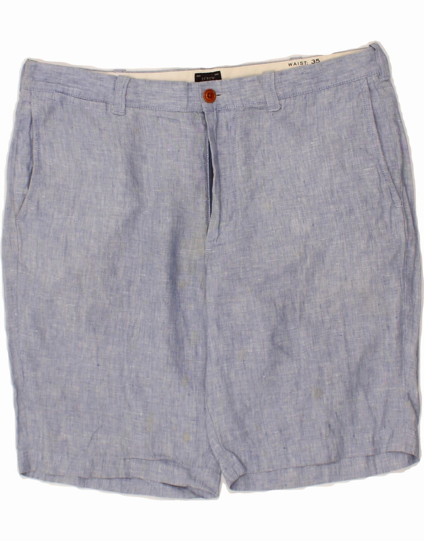 J. CREW Mens Stanton Chino Shorts W35 Large Blue Linen Sweat Wicking Lining Rubberized Grip Waistband