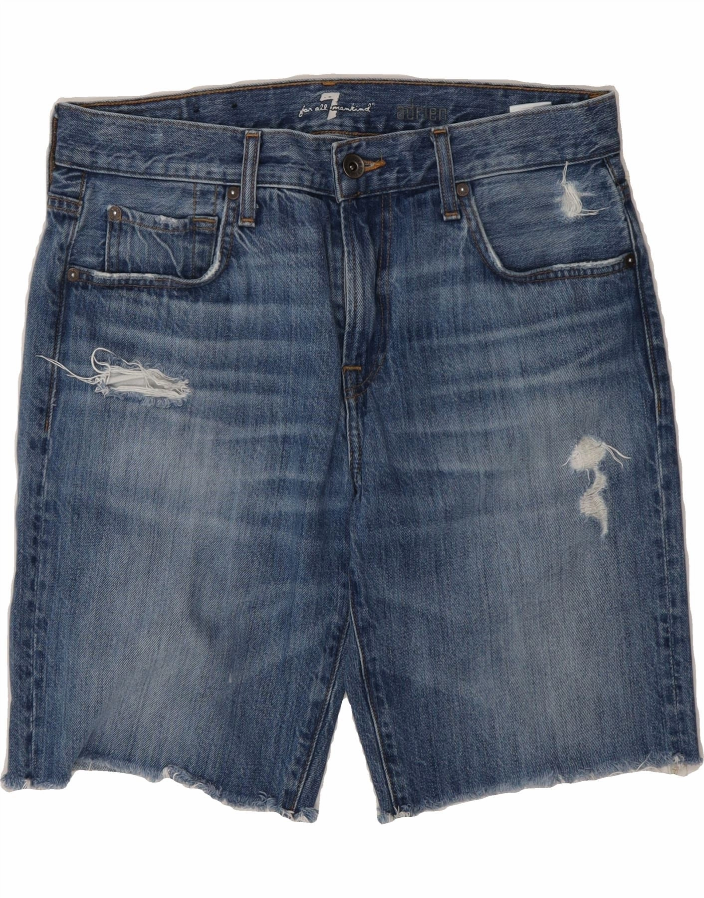 Modern Cut 7 FOR ALL MANKIND Mens Distressed Denim Shorts W32 Medium Blue Cotton
