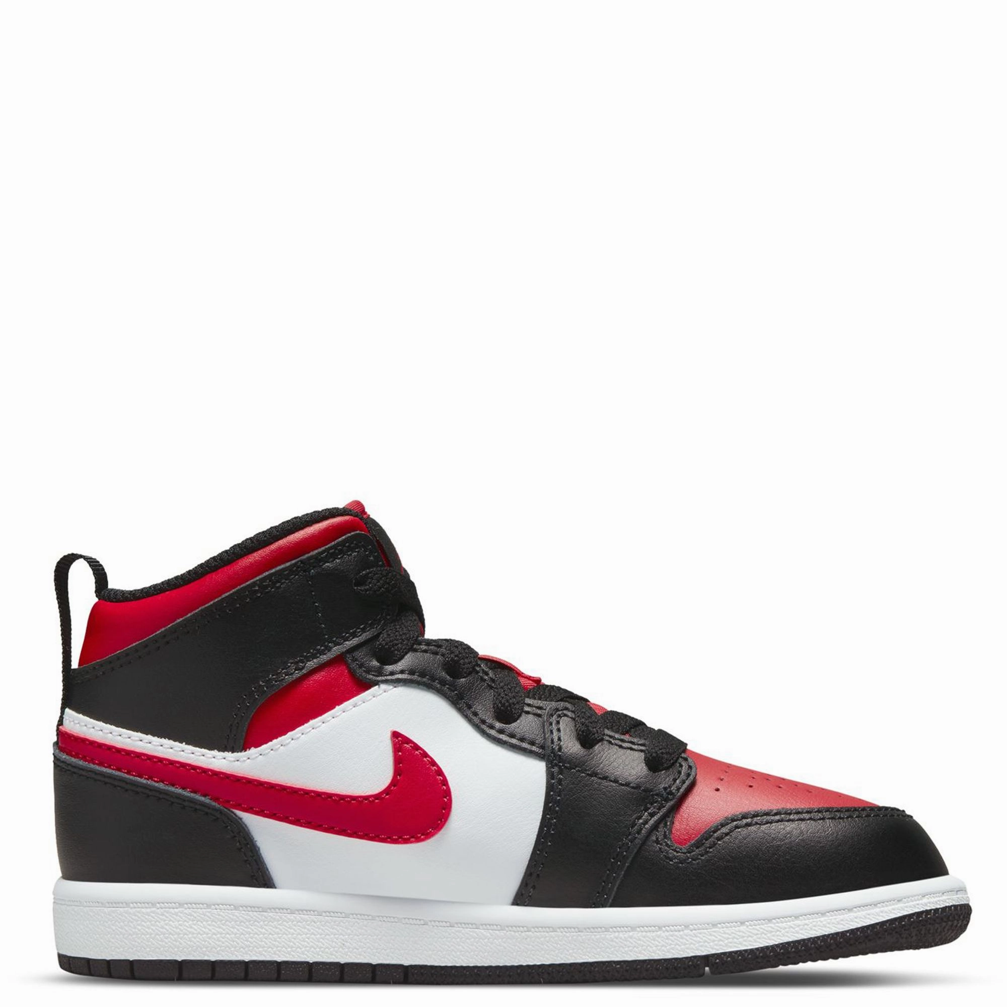 Nike Kid's Jordan 1 Mid Shoes - Black / Fire Red / White Reinforced Toe Guard