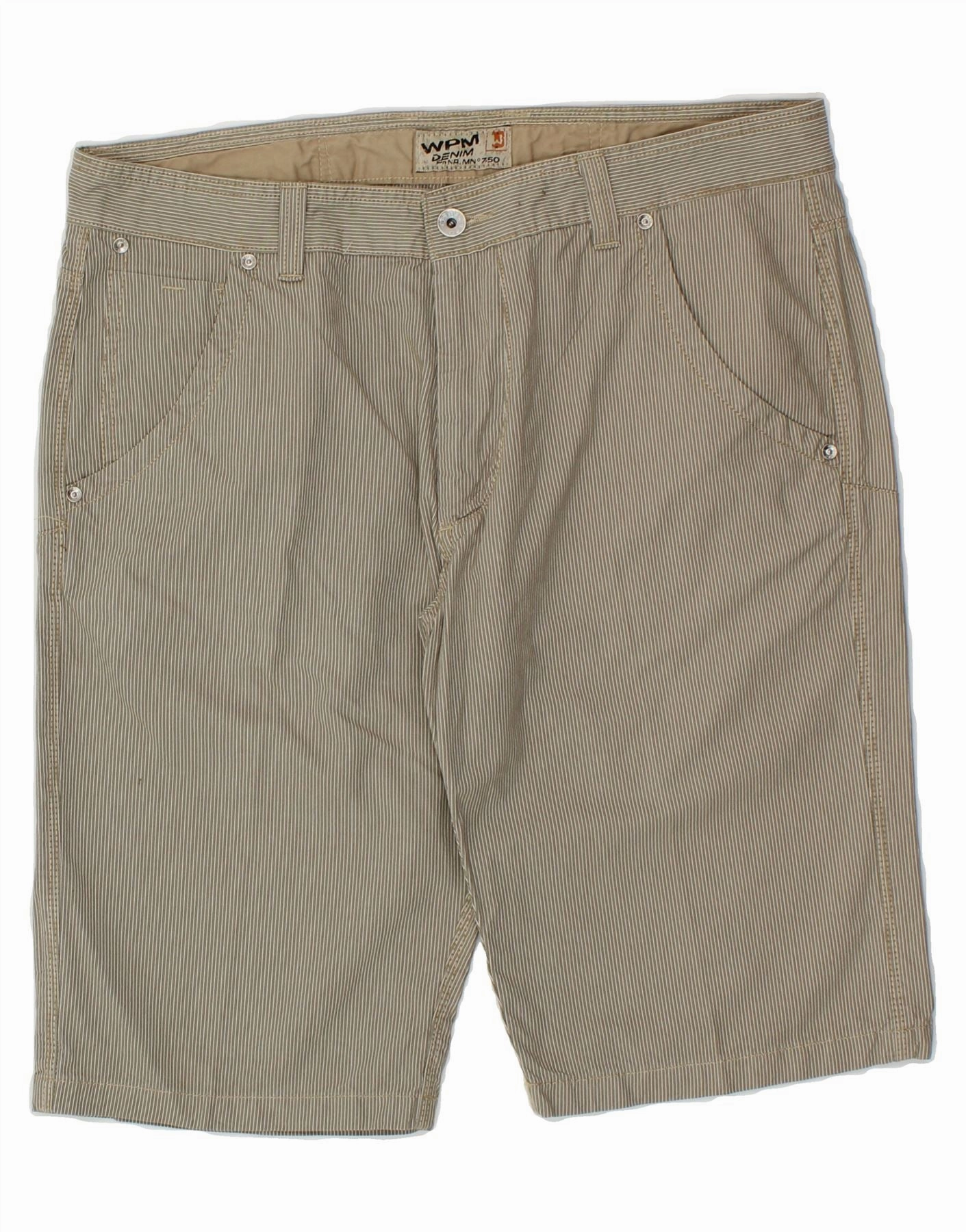 WPM Mens Casual Shorts W36 Large Grey Striped Cotton Minimal Waist Unique Piece